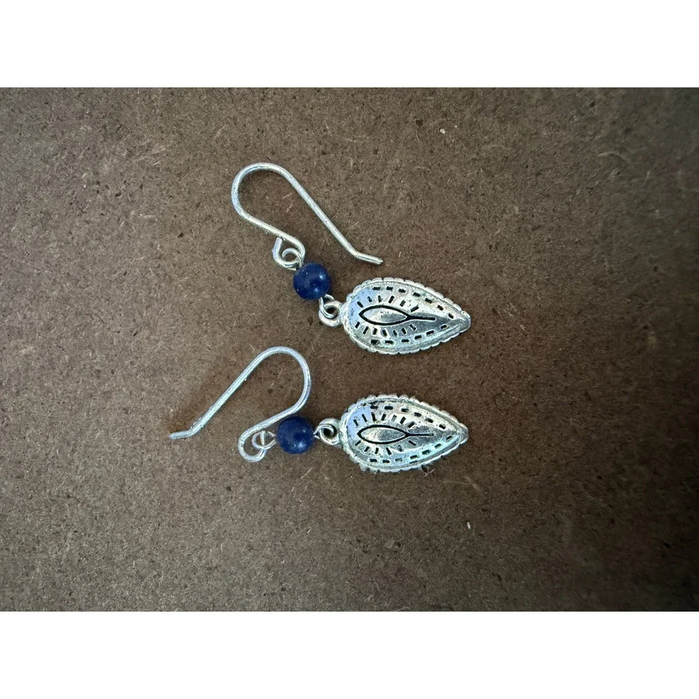 925 Sterling Silver Lapis Lazuli‎ Teardrop Filigree Hook Drop Earrings Blue Bead